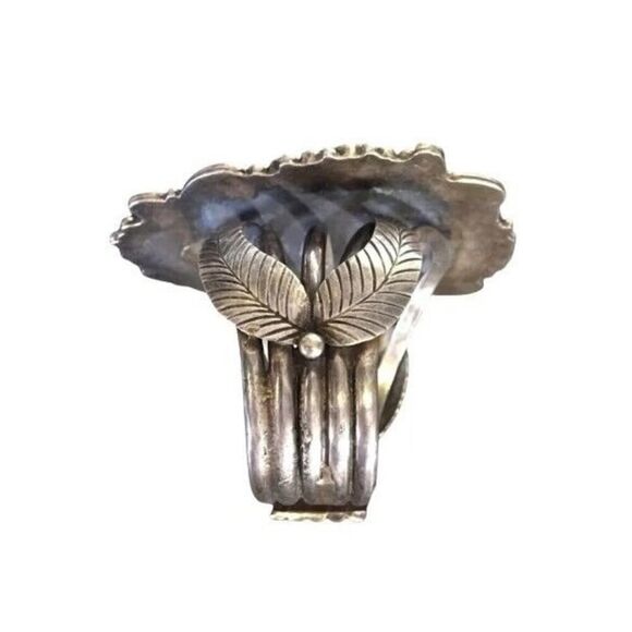 Antique Cuff Bracelet Green Turquoise Coral Sterling Silver Navajo Native Signed - Picture 7 of 14